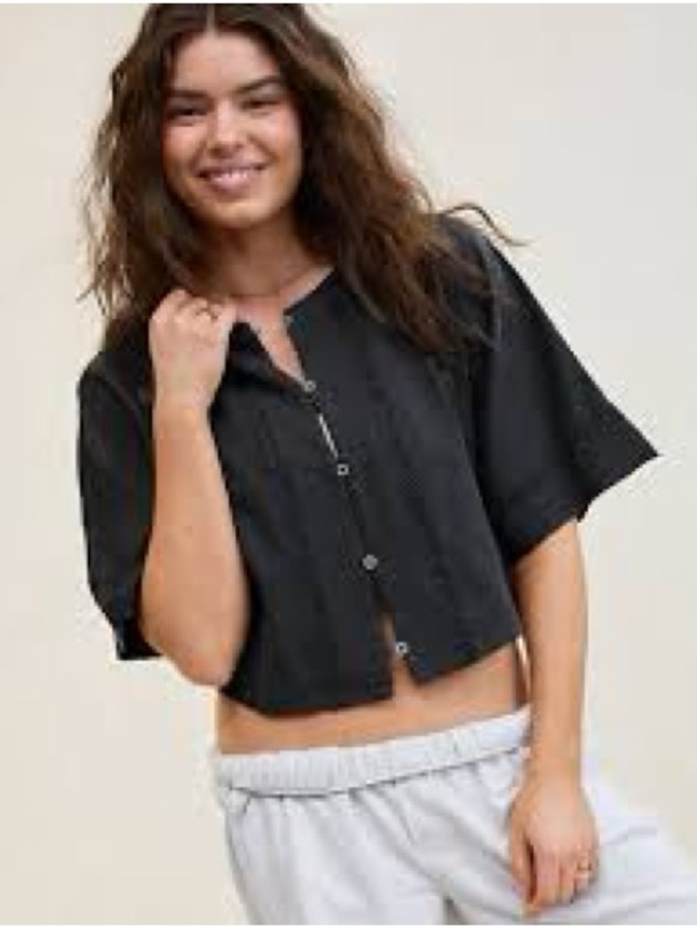 aerie Black Cropped Button-Front Top